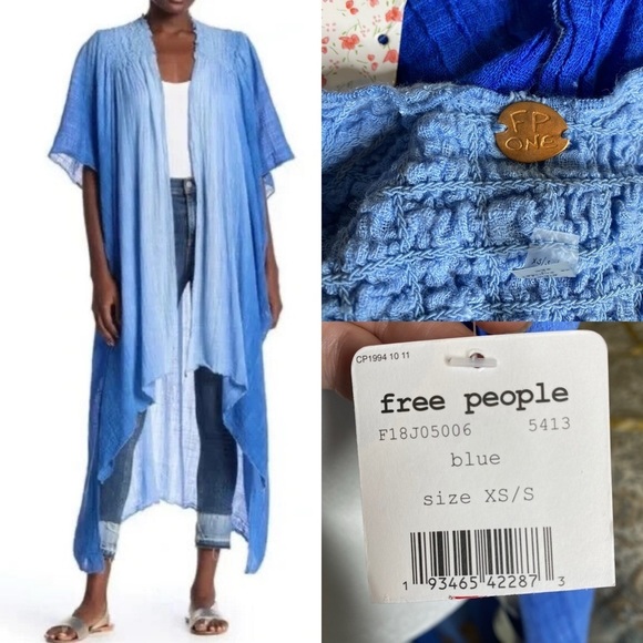 Free People Angélica Blue Dip-dyed Ombre Kimono Duster NWT - Picture 2 of 6